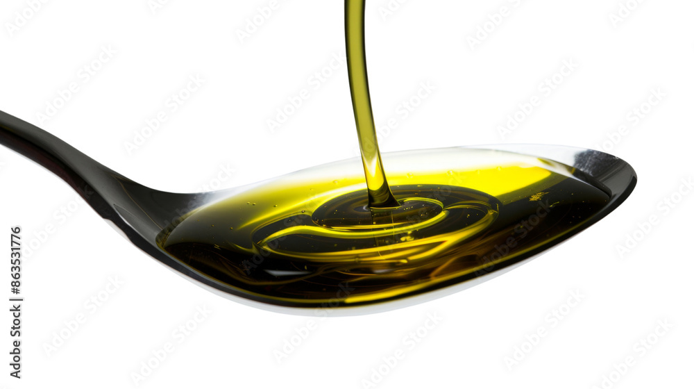 A spoon with drops of oily liquid on transparent background A spoon with drops of oily liquid on transparent background