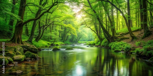 Tranquil stream flowing through lush green forest , nature, water, peaceful, tranquil, stream, creek, woods, trees, greenery © surapong