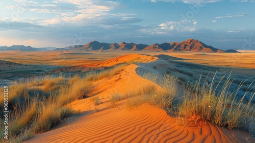 The Gobi Desert stretches endlessly, its windswept dunes whispering secrets of resilience and survival, where life persists against all odds. photo
