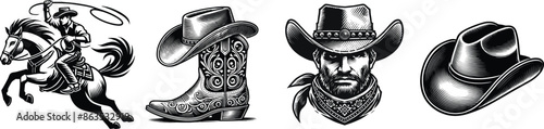 Set of cowboy, boot and hat, wild west elements, vector illustration.