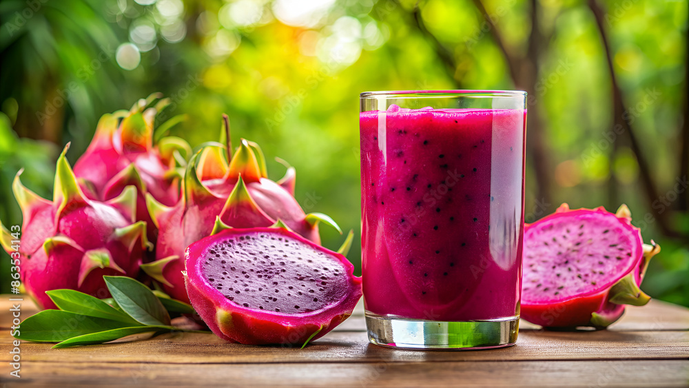 Dragon fruit juice depicted with a blurred backdrop Dragon fruit juice depicted with a blurred backdrop