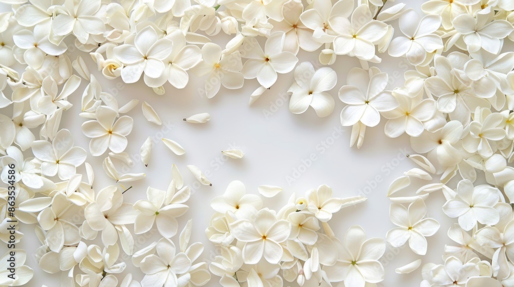 A clean white canvas sprinkled with delicate jasmine petals A clean white canvas sprinkled with delicate jasmine petals