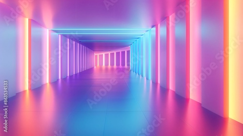 Futuristic hallway illuminated by vibrant neon lights creating a captivating and futuristic atmosphere