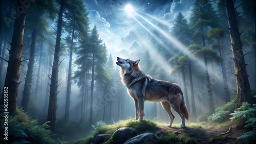 Majestic, gray wolf's haunting howl echoes through a misty, moonlit forest, surrounded by towering trees and eerie, glowing eyes in the dark wilderness. photo