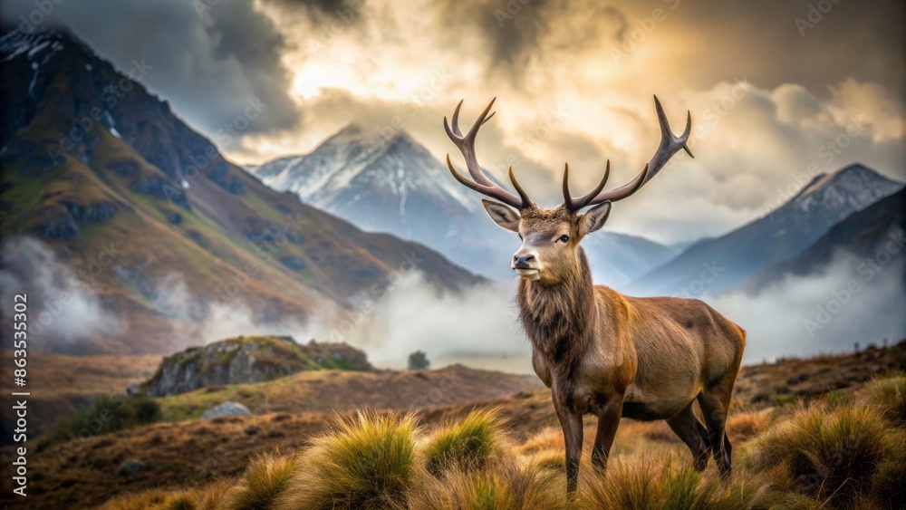 Fototapeta premium Majestic stag with impressive antlers stands regally amidst misty, rugged, and atmospheric scottish highlands landscape with majestic mountains in the background.