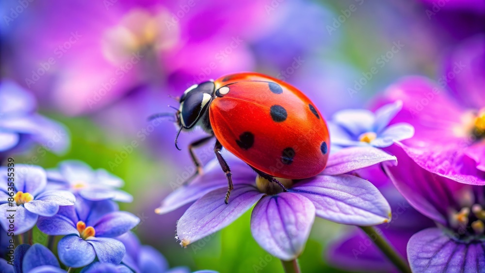 Fototapeta premium A bright red ladybug with black spots on its back perches on a soft green leaf, surrounded by vibrant purple flowers in a serene garden setting.
