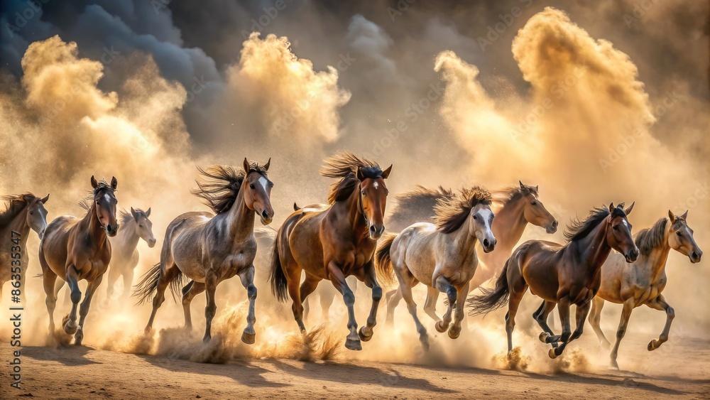 Obraz premium A frenzied herd of horses gallops wildly through a swirling sandstorm, manes and tails streaming, as a massive dust cloud engulfs the arid landscape.
