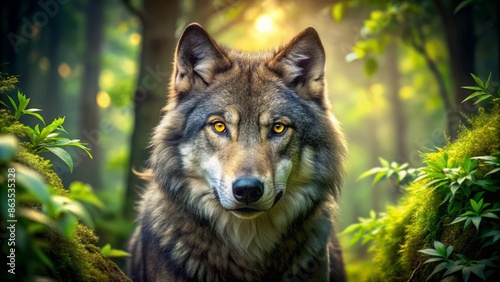 A fiercely majestic wild wolf showcases its piercing yellow eyes, surrounded by a lush green forest, exuding a sense of wild freedom and untamed power. photo