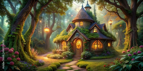 Enchanted fairytale house with whimsical architecture in a magical forest setting, fairytale, house, whimsical © rattinan