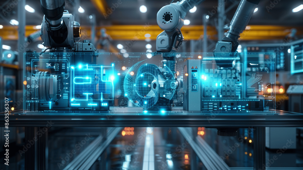 Obraz premium 3D Rendering of Digital Twin Technology in Modern Factory with Robotic Arms Blue Holographic Screen Data Real Photo Style Industry 4.0 Smart Factory Automation Machinery Robotics Futuristic Setting