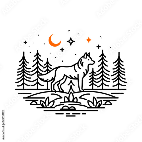 monoline vector wolf in the middle of a simple forest