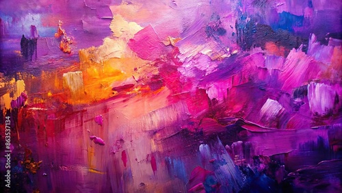 Abstract oil painting with bold brush strokes in purple and pink hues, featuring rich textures and colors, abstract photo