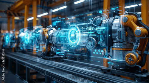 Smart factory with 3D rendering of digital twin technology, robotic arms, futuristic automation, blue holographic data screens, advanced machinery, Industry 4.0, engineering, interconnected systems