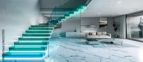 Teal L-shape floating neon stairs, RGB LED stripe light under tread staircase, tempered glass panel balustrades in a modern lounge area with white marble floor, elegant interior design for decoration,