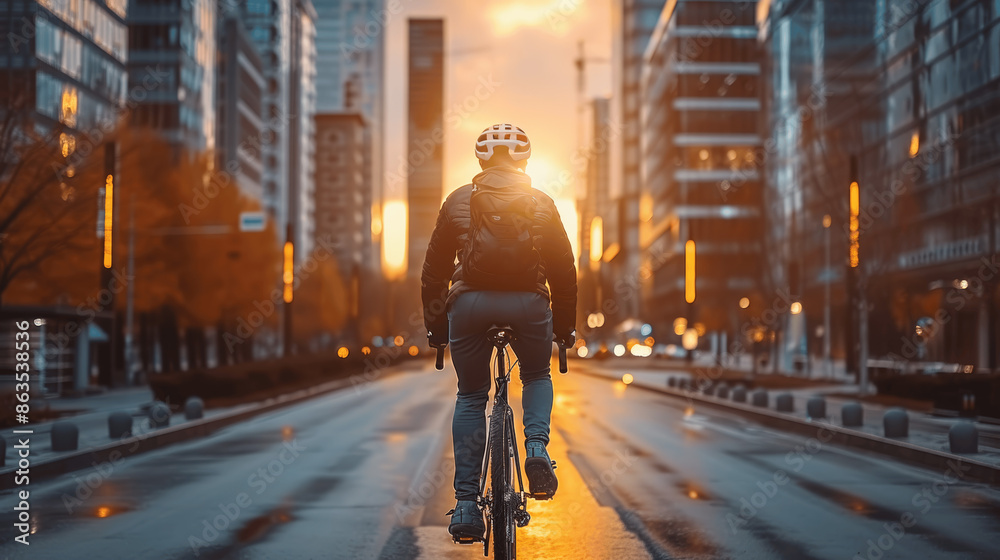 cyclist riding bike in city wearing helmet and backpack black jacket empty street sunset modern skyscrapers