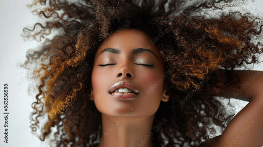 closeup portrait beautiful african american woman with curly afro hair ...