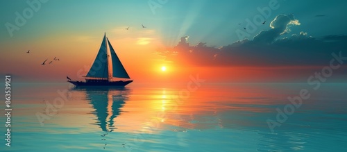 Sailboat at Sunset with Golden Sky photo