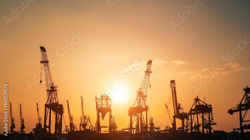 An early morning at the port, with cranes silhouetted against the rising sun, cityscape photography style