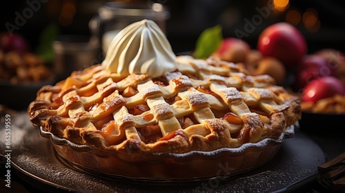 sweet apple pie with white sugar sprinkles on a wooden tray and blurred background photo