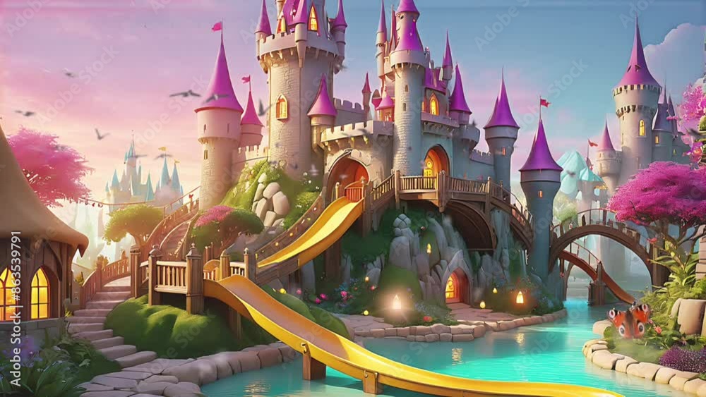 Fantasy Children's Park with a Magical Castle. Seamless looping 4k time-lapse virtual video animation background