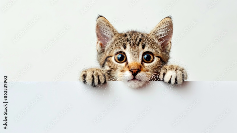 Curious kitten peeking over sign white background