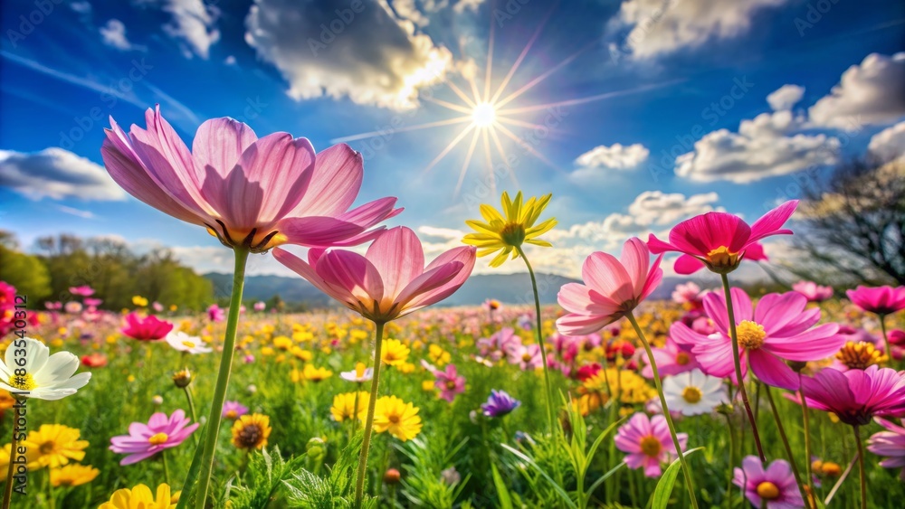 Vibrant pink and yellow spring flowers sway in the gentle breeze, carpeting a lush green field on a sunny day, evoking warmth and serenity. Vibrant pink and yellow spring flowers sway in the gentle breeze, carpeting a lush green field on a sunny day, evoking warmth and serenity.
