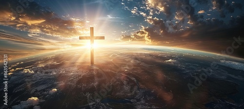Jesus Cross over planet earth horizon with sunlight. Religion faith worship spirituality concept. Generative AI technology.