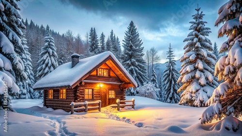 Cozy cabin nestled in a snowy winter wonderland, cozy, cabin, winter, wonderland, snow, cozy, home, warm, escape