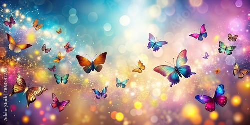Abstract background with colorful butterflies flying around a sparkling light , butterflies, abstract, background, colorful