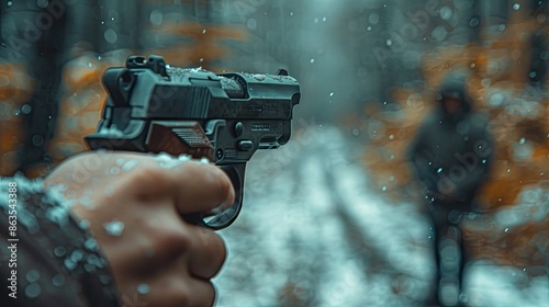 "A Man Aiming a Gun at a Dummy Standing in the Target Position" 