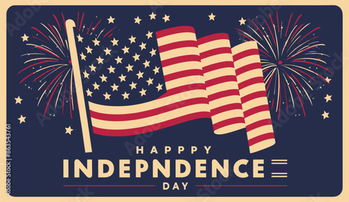 American flag with fireworks, stars in the background Vintage Retro Style. Happy American Independence Day 4th of July Flyer, banner, poster, greeting card, background. USA Liberation Vector Template