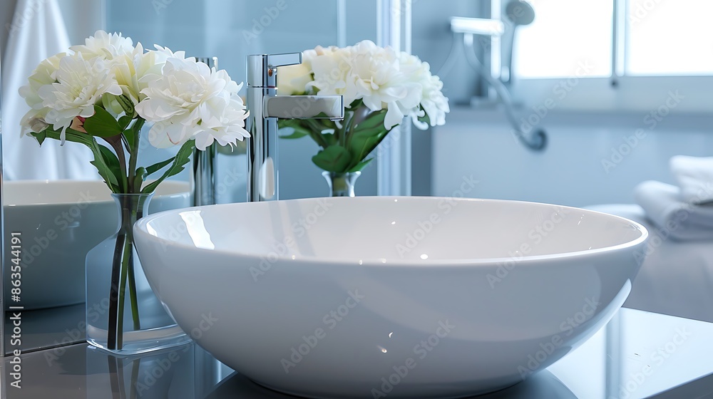 White ceramic bathroom sink in a sleek modern home, minimalist design, contemporary decor, elegant surfaces, stylish interior, functional space, chic elements, bright atmosphere. White ceramic bathroom sink in a sleek modern home, minimalist design, contemporary decor, elegant surfaces, stylish interior, functional space, chic elements, bright atmosphere.