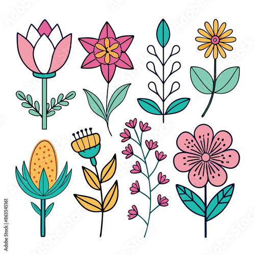 Hand drawn simple Floral flowers line art flat design outline, ornaments set, vector Doodles illustration