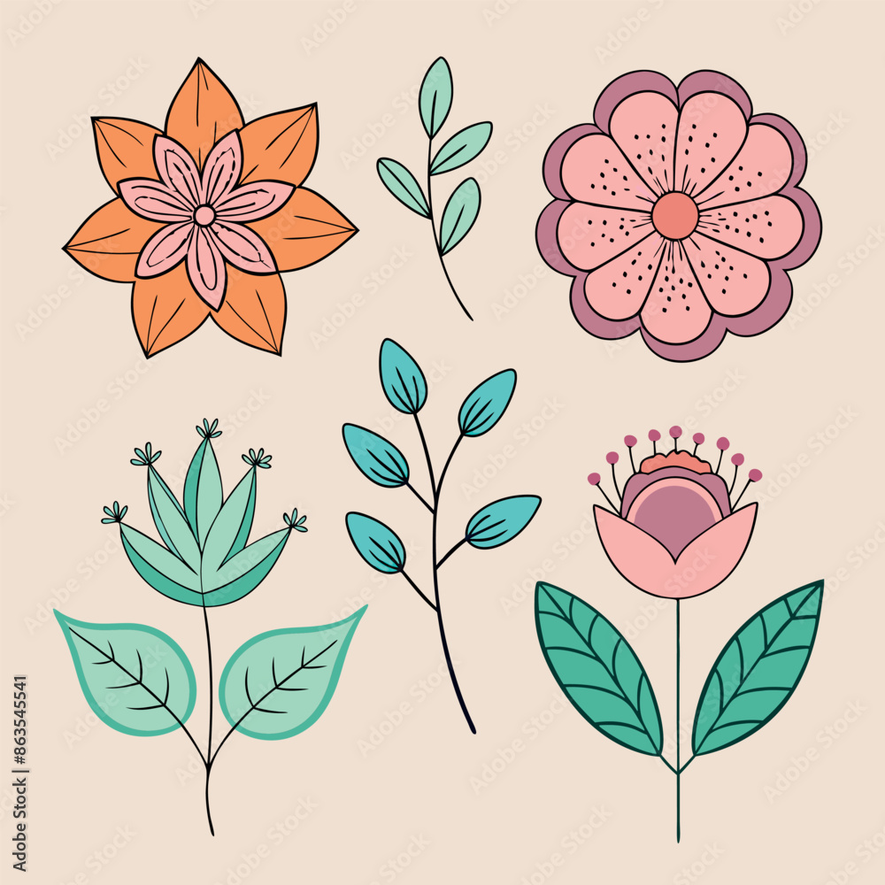 Obraz premium Hand drawn simple Floral flowers line art flat design outline, ornaments set, vector Doodles illustration