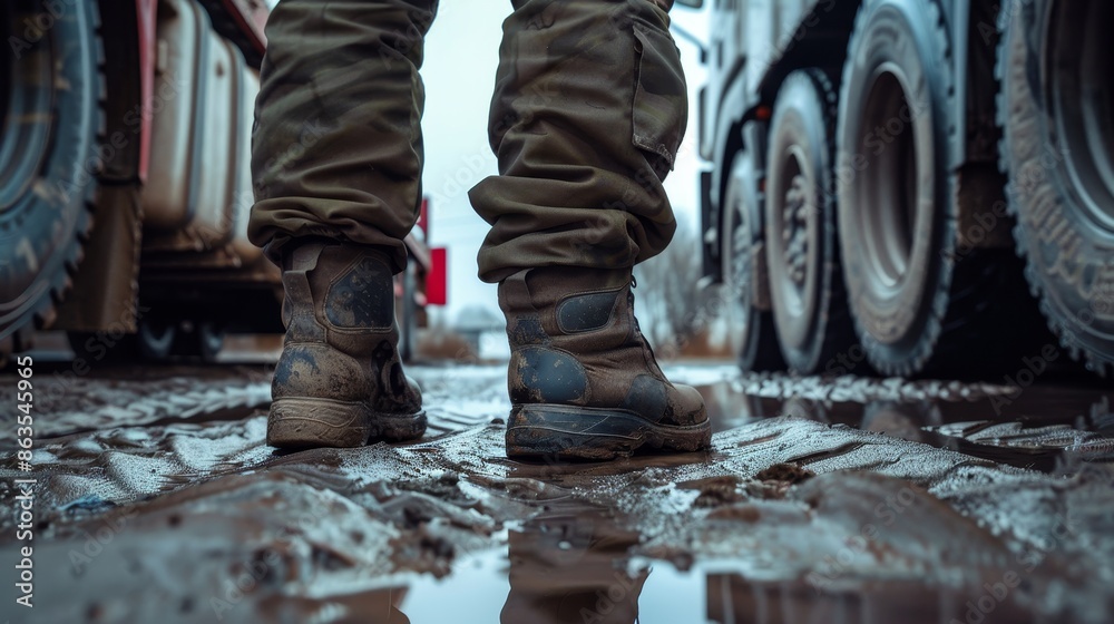 Grounded in Motion Industrial Truck Wheels and Worker's Feet Symbolizing the Backbone of Logistics Operations Grounded in Motion Industrial Truck Wheels and Worker's Feet Symbolizing the Backbone of Logistics Operations