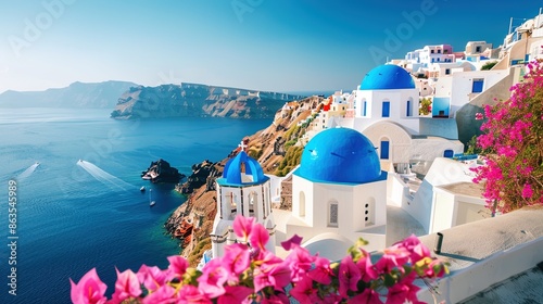Bougainvillea flowers blooming on santorini island with white houses and blue domes churches photo