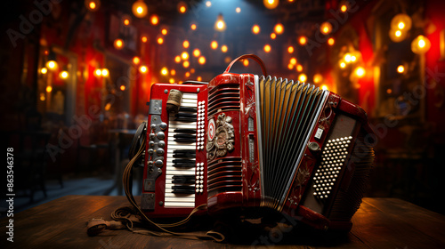 . Musical accordion on table under red light.