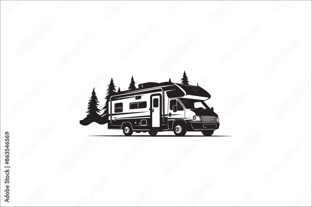 Naklejka premium Camping car silhouette on a white background. Camper car silhouette illustration. Summer Car Silhouette.