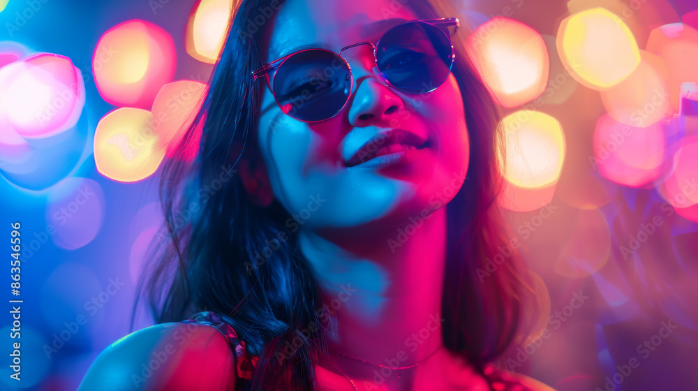 Fototapeta premium Asian female in a night club wearing sunglasses, young Korean woman in a nightclub
