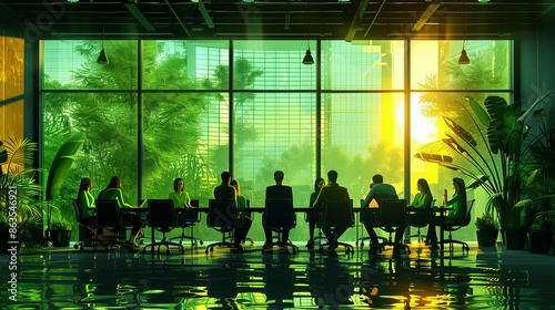 Labor Day illustration with green office workers collaborating in a conference room, minimalist design