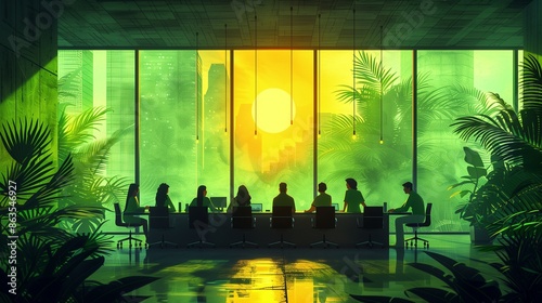 Labor Day illustration with green office workers collaborating in a conference room, minimalist design