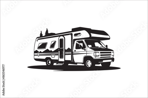 Camping car silhouette on a white background. Camper car silhouette illustration. Summer Car  Silhouette.
