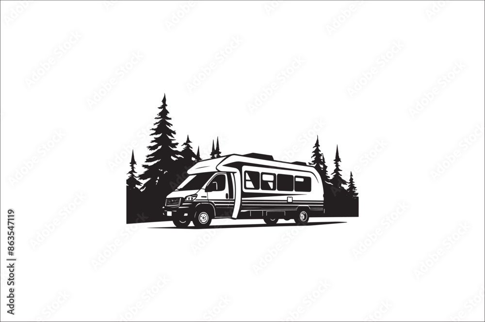 Camping car silhouette on a white background. Camper car silhouette illustration. Summer Car Silhouette. Camping car silhouette on a white background. Camper car silhouette illustration. Summer Car Silhouette.