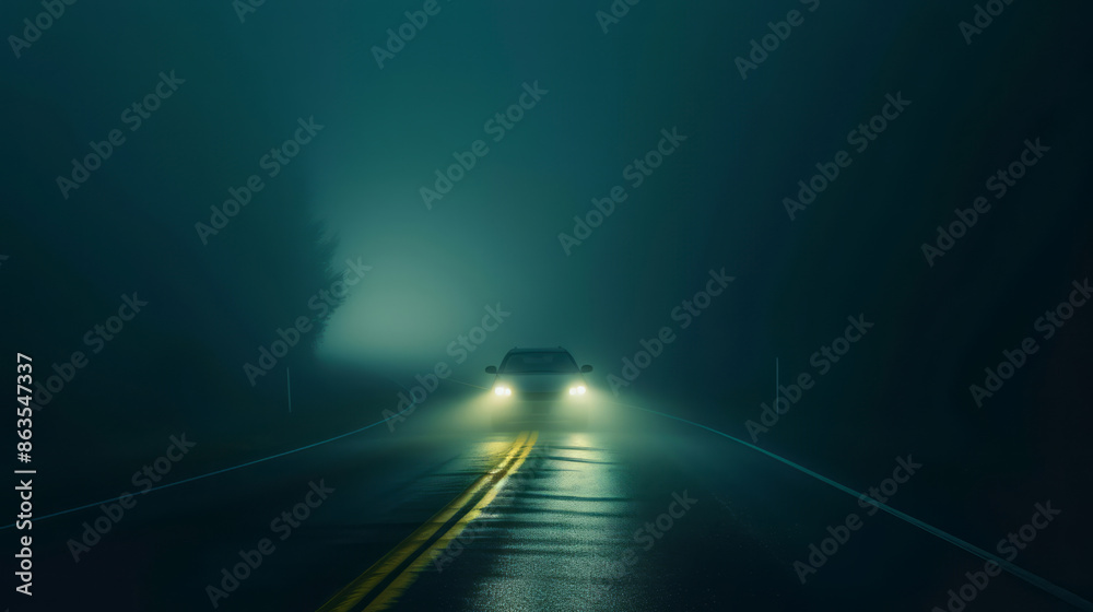 A car travels on a foggy road, portrayed in a nightmarish style with dark teal and light yellow colors, environmental portraiture, and a flat perspective. A car travels on a foggy road, portrayed in a nightmarish style with dark teal and light yellow colors, environmental portraiture, and a flat perspective.