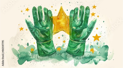Labor Day illustration with green safety gloves and stars on a plain white background, clean and simple design