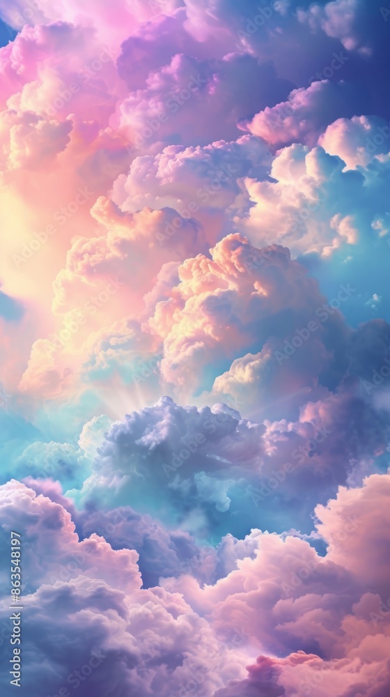 A wallpaper depicts pastel clouds and the sky, styled with transparent layers and a neon color palette. A wallpaper depicts pastel clouds and the sky, styled with transparent layers and a neon color palette.