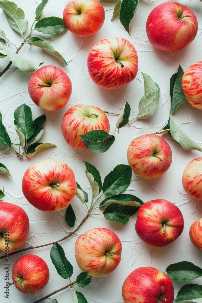 Fresh Red and Yellow Apples With Green Leaves on White Surface Fresh Red and Yellow Apples With Green Leaves on White Surface