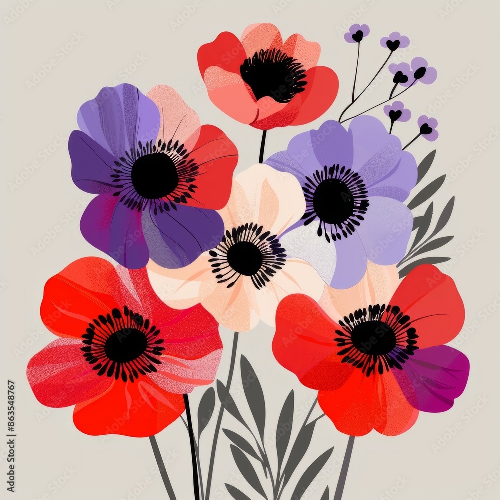 A vibrant illustration of a floral bouquet with red, purple, and white flowers, Flat style design, background A vibrant illustration of a floral bouquet with red, purple, and white flowers, Flat style design, background