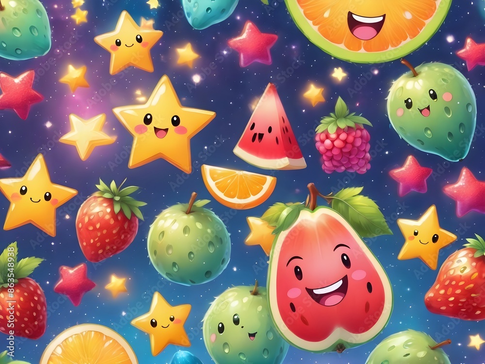 Generative AI. Background pattern Cute and very charming happy expression fruit. pastel colors. stars. bokeh Generative AI. Background pattern Cute and very charming happy expression fruit. pastel colors. stars. bokeh