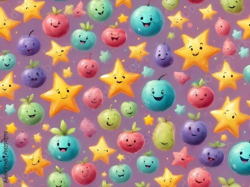 Generative AI. Background pattern Cute and very charming happy expression fruit. pastel colors. stars. bokeh